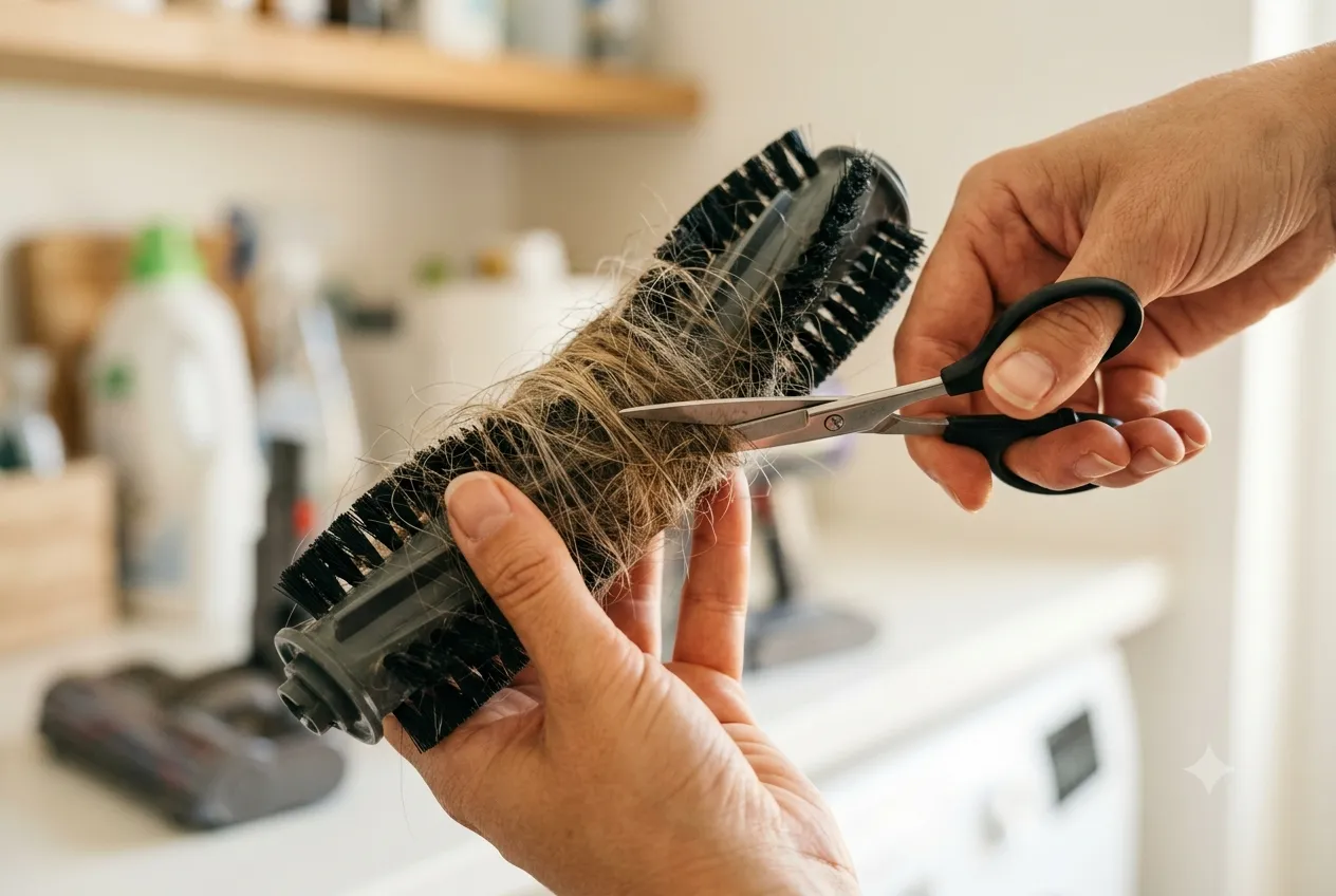 Aufgewickelte Haare werden mit einer Schere aus einer herausgenommenen Bürstenwalze entfernt.